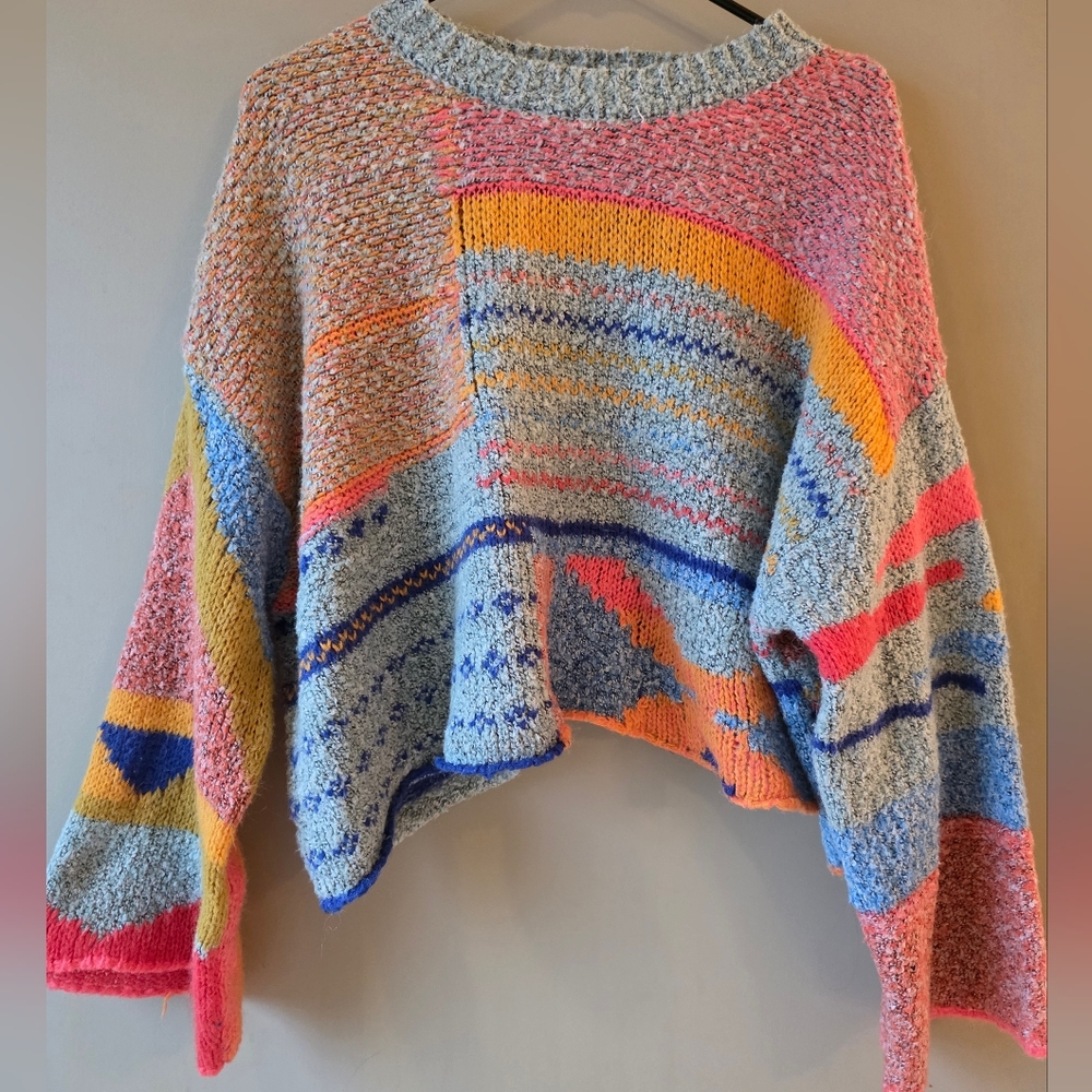 Multicolor Chunky Knit Crop Sweater - Pink, Blue & Yellow